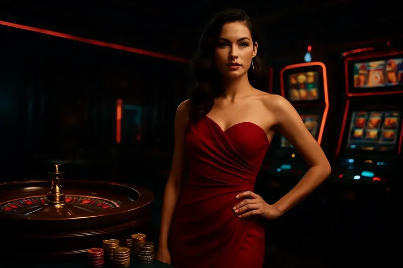 Beautiful woman in red dress near roulette and slot machines in luxury Bangladesh casino with neon lights and gold coins