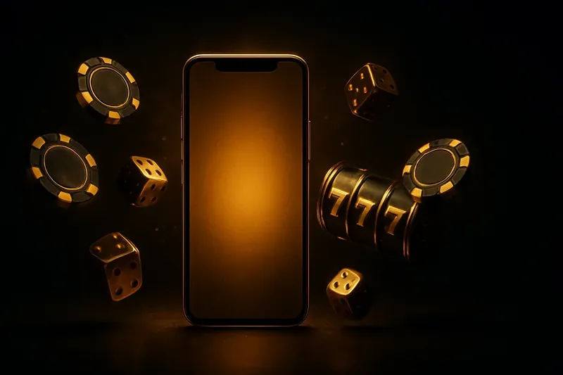 Glowing smartphone with floating casino chips, slot reels, and dice on dark gold background